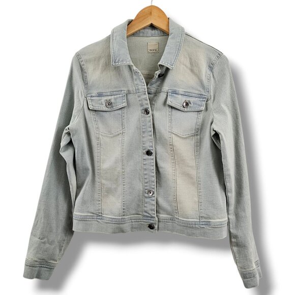 Ecru Denim Jacket Women Size L Light Wash Blue Stretch Fall Casual Layering Boho - Picture 1 of 13